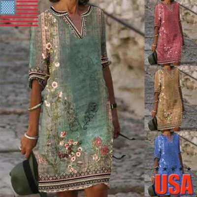 $20.66 • Buy Womens Half Sleeve V-Neck Boho Midi Dress Ladies Summer Casual Loose Sundress US