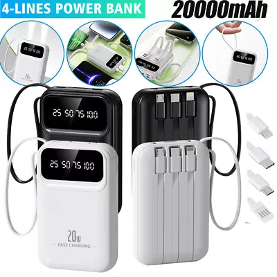 Mini Power Bank Built-in 4 Cables Fast Charging Backup External Battery 20000mAh • $16.99