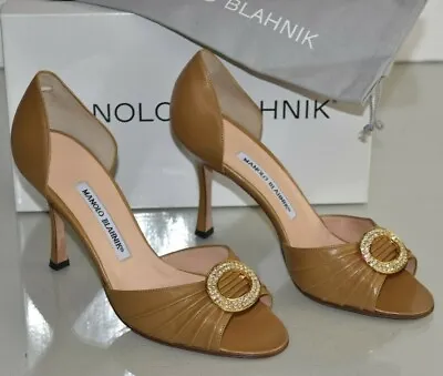 $775 New MANOLO BLAHNIK SEDARABY Beige Camel Leather Gold Jeweled SHOES 38.5 • $549.99