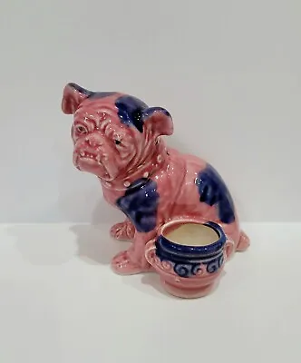 Vintage Seated English Bulldog Ceramic Figurine Pink And Blue Glaze ~ Japan • $59.95