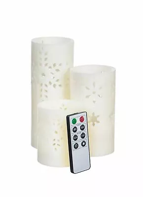 Snowflake Pierced Battery Operated Flameless LED Wax Pillar Candle W/Remote S/3 • $47.98