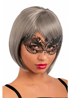 Black Metal Venetian Masquerade Mask Filigree Diamante Prom Fancy Dress Ball • £8.99