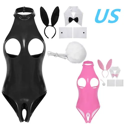 US Women Sexy Bunny Cosplay Bodysuit With Rabbit Ears Collar Cuffs And Tail Set • $18.61