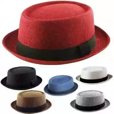 Mens Pork Pie Hats Classic Textured Ribbed Band Porkpie Hat Trilby Hats Unisex • £11.80