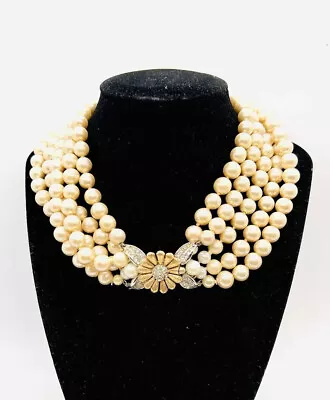 CINER 5 Strand Faux Champagne Pearl & Rhinestone Necklace Signed Vintage Jewelry • $275