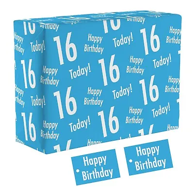 1 Sheet Of 16th Birthday Blue Luxury Wrapping Paper For Him - Age Sixteen - Boys • £4.50