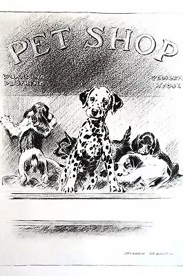 Morgan Dennis 1946 PUPPIES DOGGIE In PET SHOP WINDOW Vintage Matted Dog Print • $25