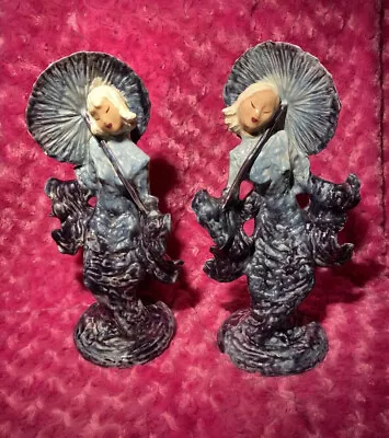 Vintage Hedi Schoop Pair Of Twin Platinum Hair Asian Girls With Parasols In Blue • $171