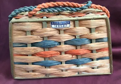 Vintage Woven Straw PURSE • MADE IN ITALY • Tan Blue & Orange • Rectangle • VGC • $14.95