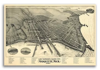 1897 Marquette Michigan Vintage Old Panoramic City Map - 20x30 • $18.95