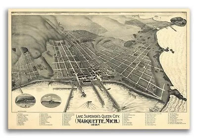Bird's Eye View 1897 Marquette MI Vintage Style City Map - 24x36 • $25.95