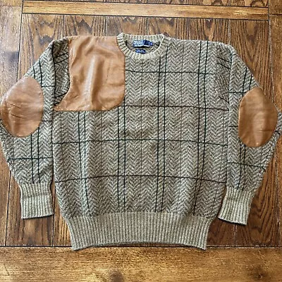 Vintage Polo Ralph Lauren Wool Hunting Knit Crewneck Sweater Leather Patch Large • $89.95