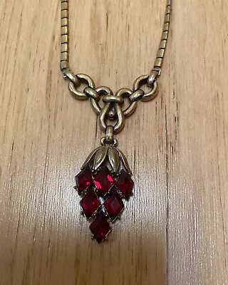 Vintage Estate Signed Trifari Red Rhinestone/Cut Glass Pendant Necklace • $30