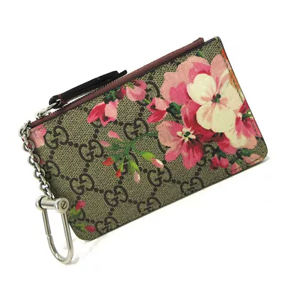 GUCCI Blooms Key Pouch Keychain Coin Purse Beige Pink GG Supreme Authentic • $236.24