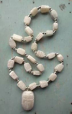 Women's Necklace Egyptian Scarab Beetle Hand Carved Stone Beads Cream Off White • £14.99