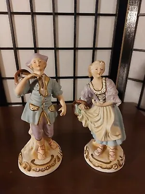 Vtg Maruri Porcelain Bisque Victorian Couple Hand Painted Japan. 7.75 &7.25 Tall • $14.95