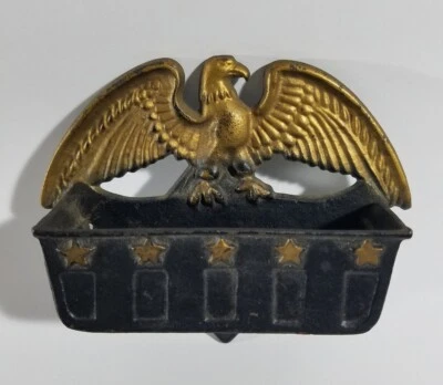 $19.99 • Buy Vintage Cast Black Iron Match Safe Holder Gold Star American Eagle 