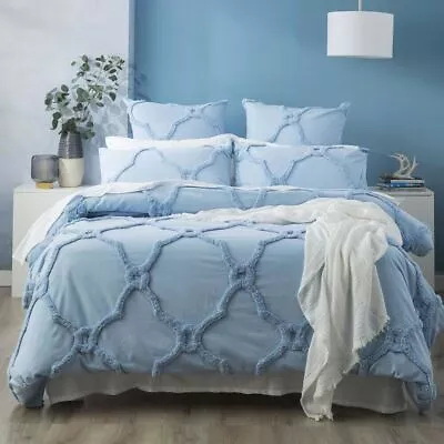 Renee Taylor Moroccan Cotton Chenille Tufted Quilt Cover Set-Sky • $58.28