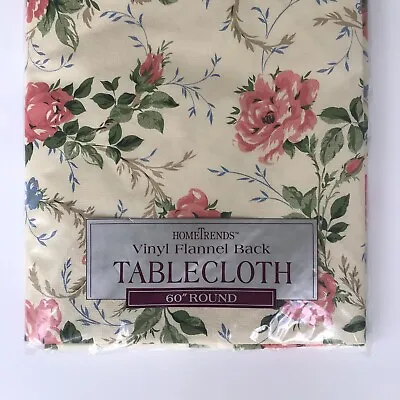 Vintage NEW Home Trends Vinyl Tablecloth Pink Roses 60  Round Soft Flannel Back • $17.56