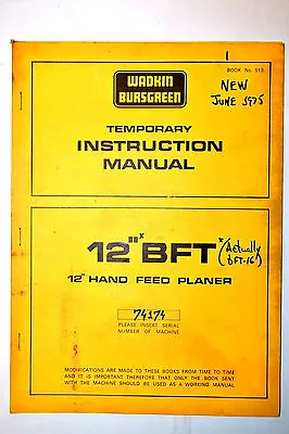 Wadkin Bursgreen Uk  Instruction Manual 12  Bft Hand Feed Planer #rr773 • $44.16