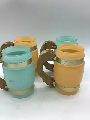 Vintage Siesta Ware Banded Barrel  Frosted Glass Wood Handle Mugs (Set Of 4) • $20.99