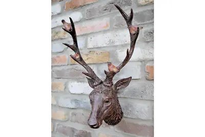 Brown Stags Head With Red Robins Resin Large Wall Mounted Animal Bust Decor Art • £27.99