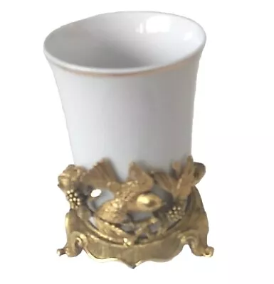 Vintage Matson Gold Tone Pweter Bird Flowers Footed Holder Porcelain Cup 4.25  H • $44.99
