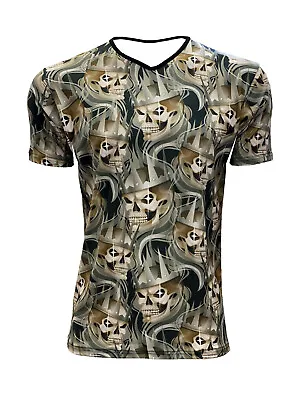 Men's All Over Warrior Viking Skulls Skull Print V Neck T-shirt Top Alternative • £21.99