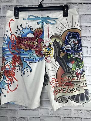 Ed Hardy Swim Board Shorts Surf Or Die Black Rose Of Death 32x11 ATTACHED TAGS • $29.99