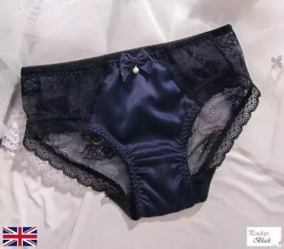 UK Sexy Men Briefs Navy Silk & Lace Panties Sissy Lingerie Knickers (Size XL) • £6.79