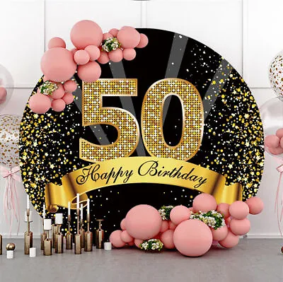 Round 50th Backdrop Cover Woman Men Happy Birthday Party Photo Background Banner • £28.79