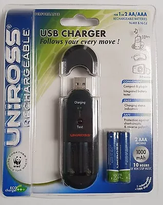 Uniross USB Charger + 2 X AAA 1000mAh Performance Batteries Factory Sealed • £7.95