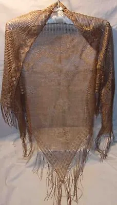 Vintage Lace Shawl Wrap - Tan With Floral Design & Fringe • $8