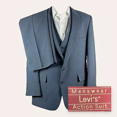 Vintage Levis 3 Piece Suit Mens 42L 38x29 Light Blue Polyester Two Button Flat • $99