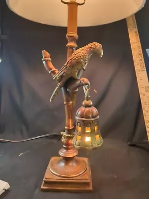 Vintage Look Gold Red Tone Parrot Desk Table Lamp Bamboo Tree Lantern Unique  • $80