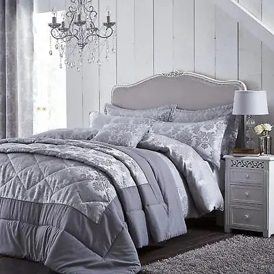 Catherine Lansfield Damask Jacquard Duvet Cover Bedding Curtains Bedspread Grey • £39.79