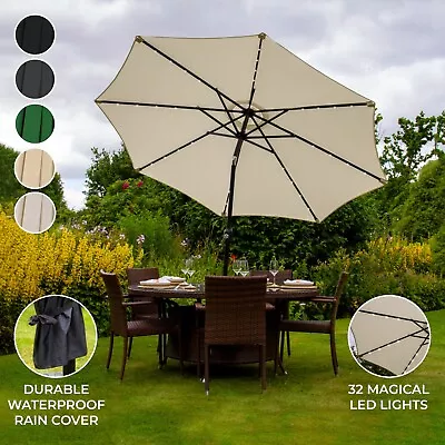 2.7m LED Tilt Parasol Umbrella Garden Sun Shade Patio Crank Solar Powered Lights • £69.99