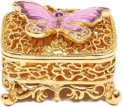 Bejeweled Butterfly Jewelry Figurine Hinged Metal Enameled Crystal  Box • $44.99