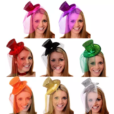 £6.99 • Buy Mini Glitter Top Hat Headband Veil Ladies Burlesque Hen Night Party Fancy Dress