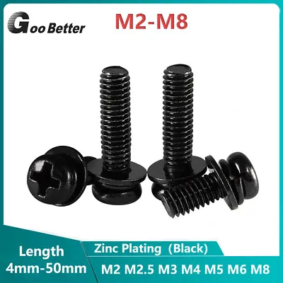 M2-M8 M4 Black Phillips Pan Head Machine Screws Bolts + Washers & Spring Washers • £1.56