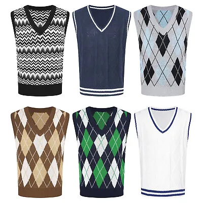 Mens Vest Argyle Sweater V Neck Pullover Travel Waistcoat Office Streetwear • $20.60