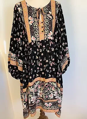 Jaase Adela Eternity Dress Womens Size XL Black Floral Boho Puff 3/4 Sleeves • $48