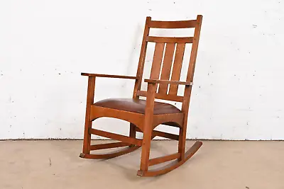 Stickley Harvey Ellis Collection Arts & Crafts Oak And Leather Rocking Chair • $1995