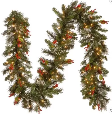 9' National Tree Christmas Garland Wintry Pine Pre-Lit Berries White Lights • $59.99