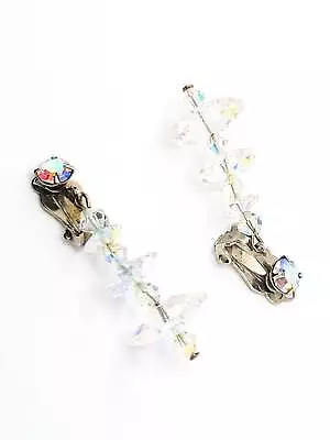 Atomic Saucer Aurora Borealis Rhinestone Austrian Crystal Drop Clip On Earrings • $19.20