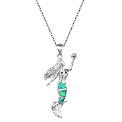Fashion Beautiful Green Simulated Opal Mermaid Pendant Silver Necklace • $0.47