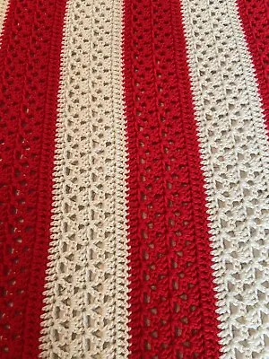 Vintage Hand Crocheted Red & White 51” X 68”Afghan Madison Badger UW • $12