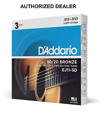 3 Sets EJ11 D'Addario 80/20 Bronze Acoustic Guitar Strings Light 12-53 EJ11-3D • $17.85