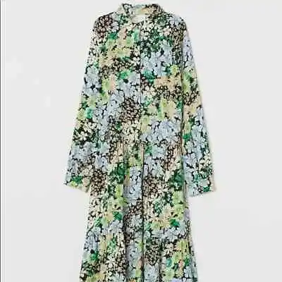 H&M Trend Black Blue Green Floral Midi Long Sleeve Shirt Dress Medium • $29.99