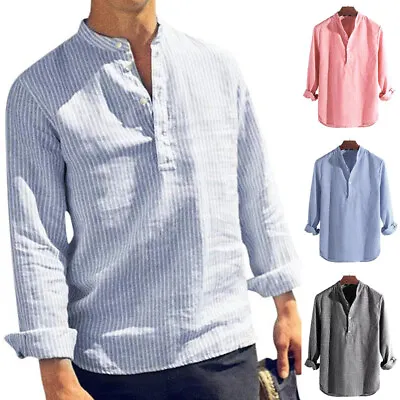 Mens Retro Collarless Grandad Striped Shirts Tops Causal Hippy Cotton Button Tee • £13.59